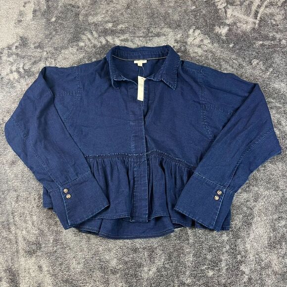 Pilcro Dark Blue Denim Wash Peplum Long Sleeve Blouse Cropped Women's L NWT - Picture 1 of 9